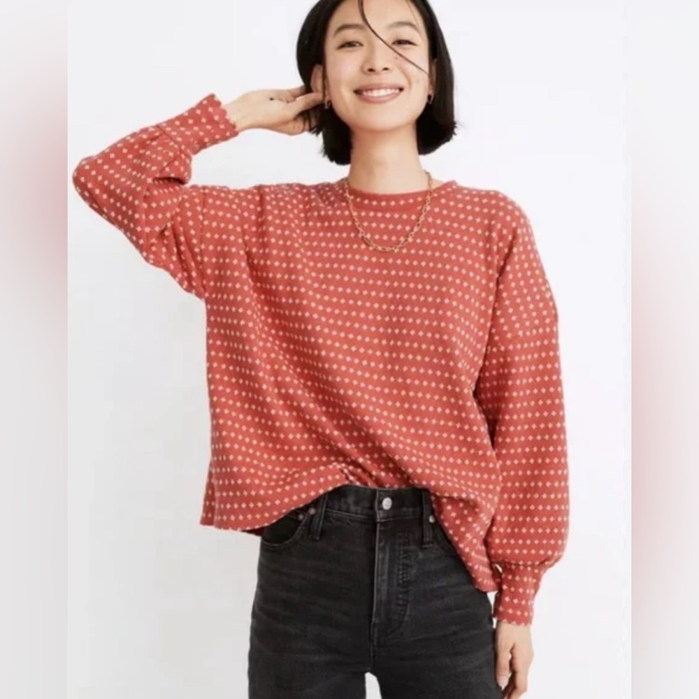 Madewell floral puff sleeve jacquard top, Coral, Size Large